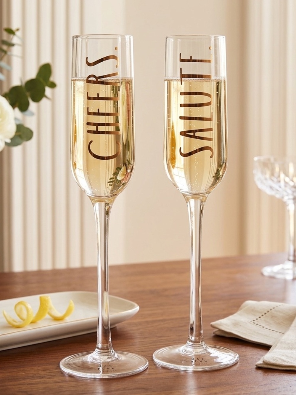 Rae Dunn Cheers & Salute Champagne Flutes Set Bronze Lettering
